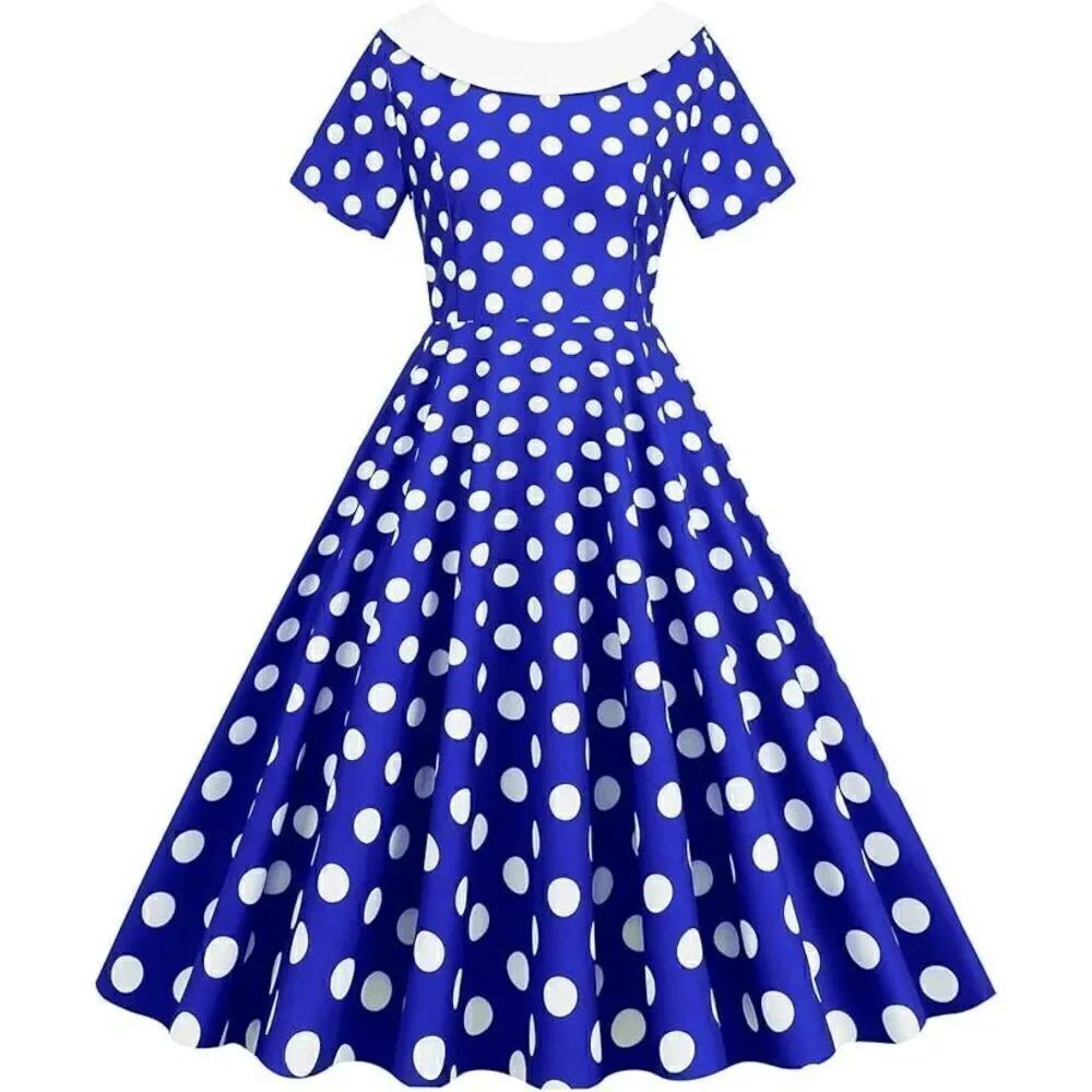 💙 NEW Pinup Retro 1950s Shawl Collar Bow Back Blue Polka Dot Tea Dress SIZE XL